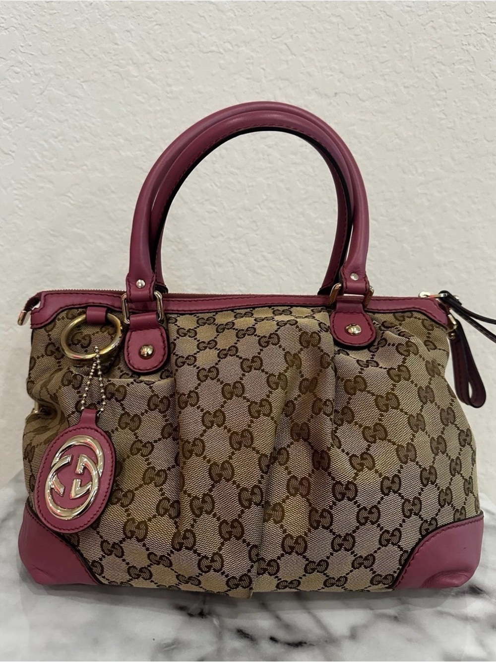 Authentic Gucci Brown GG Canvas Tote with Pink Leather Trim Pristine Condition